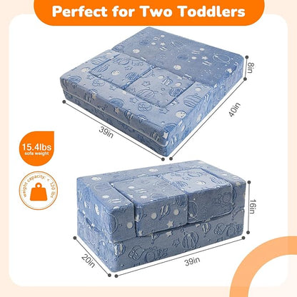 MeMoreCool Modular Kids Sofa, Glow in The Dark Space Kids Play Couch Sofa, Blue Fold-Out Foam Lounger Chair for Girls and Boys, Bedroom and Playroom