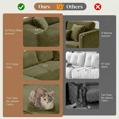 95" L Shaped Cloud Boneless Sectional Couches for Living Room, Modern Comfy Modular Deep Seat Memory Foam Compressed Corduroy Sofa Oversized Left Facing Chaise, No Assembly Required, Green