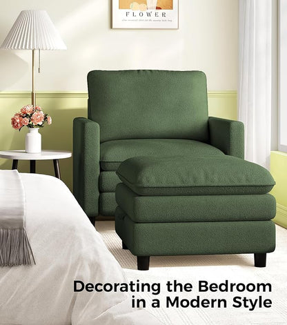 Welzona 3-Layers Cloud Accent Chair with Ottoman, 33" Comfy Reading Chair for Bedroom, Living Room, Tool-Free Assembly with Teddy Fabric Arm Chairs and Ottoman Set, Green, Removable Washable Cover