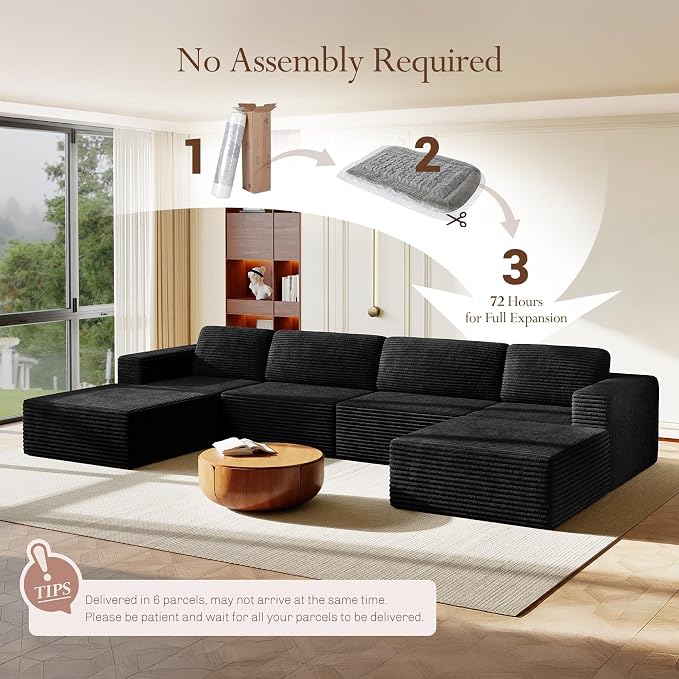 Vesgantti 159" Large Modular Sectional Sofa, U-Shaped Corduroy Cloud Couch with Deep Seats & Spring Support, 4-Seater Boneless Sofa with 2 Movable Ottomans, No Assembly Needed, Black