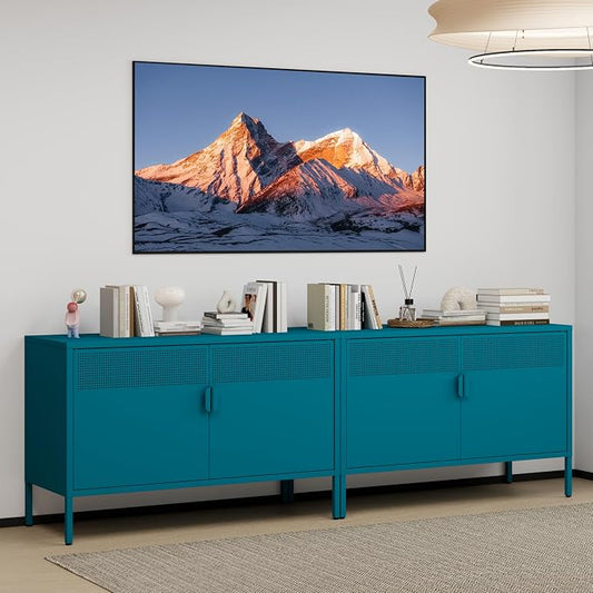 Blue 25" H Metal Storage Cabinet with Adjustable Shelf, 2 Door Accent Cabinet, 2-Tier Low Cabinet with Vent Hole, TV Stand for Entryway, Home Office, Music Studio