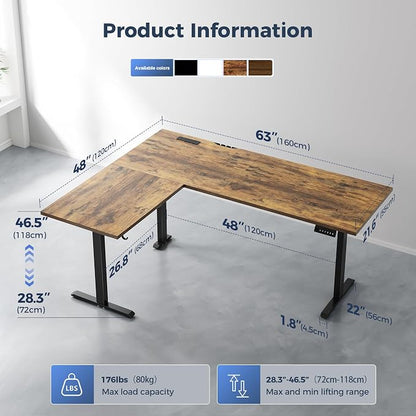 Klicelor L Shaped Standing Desk 63 x 48 Inch,Electric Height Adjustable Corner Desk with Cable Management & Power Outlets, Ergonomic Sit Stand Up Computer Table for Home Office,Rustic Brown