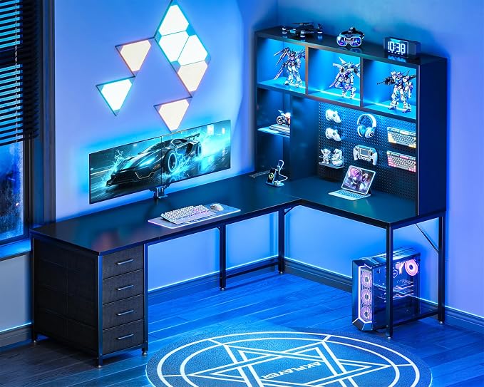 AODK 71" L Shaped Gaming Desk with Hutch, Pegboard & Shelves, L Shaped Desk with 4 Drawers, Integrated LED Light Strip & Power Outlets, Reversible PC Gaming Computer Desk, Black