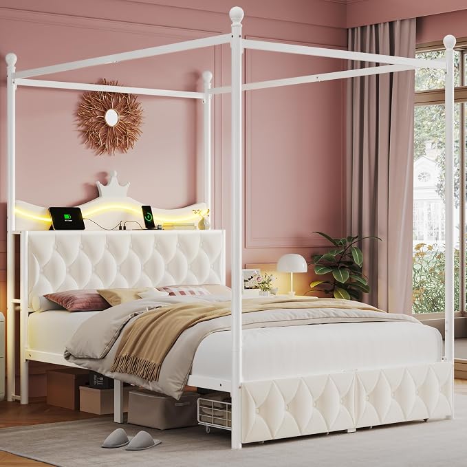 Keyluv Full Size Upholstered LED Canopy Bed Frame with Charging Station and Drawer, Button Tufted Crown Headboard with Storage Shelf, Two-Purpose Removable Four Poster Design Platform Bed, Beige