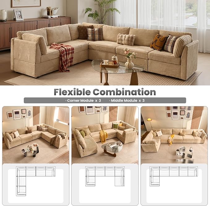 ovios Modular Sectional Sofa Couch with V-Shape Chaise Convertible, Comfy Plush Corduroy Cloud Couches, Modern Luxury Deep Seat Sofas Set for Living Room, 6-Seater, Beige