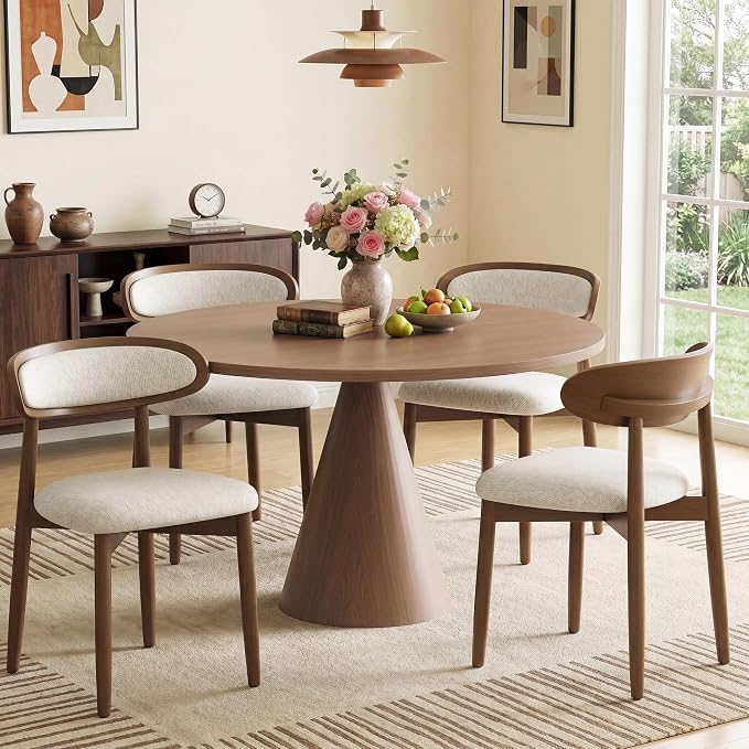 Wooden Dining Chairs Set of 4, Modern Fabric Upholstered Dining Room Chair, Kitchen Side Chairs, Farmhouse Dinner Chair with Curved Back for Kitchen, Beige