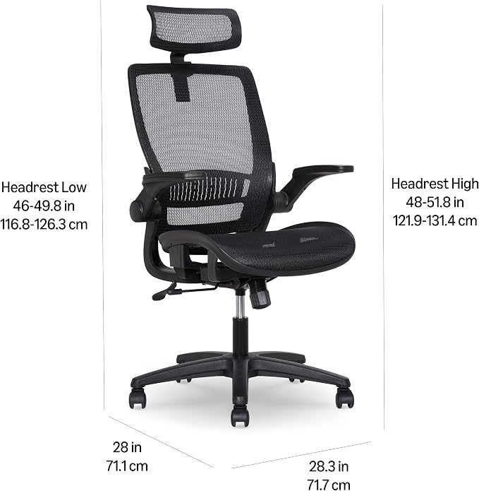 Amazon Basics Ergonomic High-Back Office Chair, Breathable Mesh, 360° Swivel, Easy to Assemble, Comfortable Flip-Up Armrests, 25.5"D x 26.25"W x 49.25"H, Black