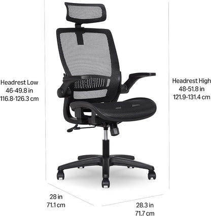 Amazon Basics Ergonomic High-Back Office Chair, Breathable Mesh, 360° Swivel, Easy to Assemble, Comfortable Flip-Up Armrests, 25.5"D x 26.25"W x 49.25"H, Black