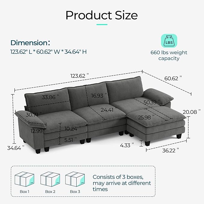 LINSY HOME 123'' Modular Sectional Sofa 3 Seat Couch Corduroy Cloud Couch with Deep Seat, Modern L-Shaped Cloud Couch with 1 Movable Ottoman for Living Room, Office, Bedroom, Grey