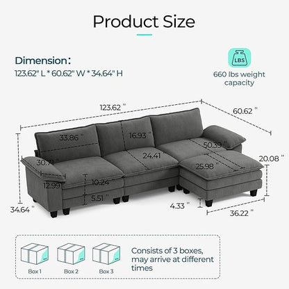LINSY HOME 123'' Modular Sectional Sofa 3 Seat Couch Corduroy Cloud Couch with Deep Seat, Modern L-Shaped Cloud Couch with 1 Movable Ottoman for Living Room, Office, Bedroom, Grey