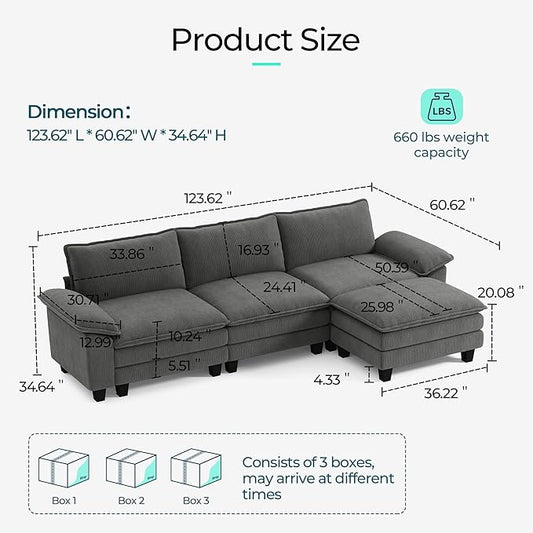 LINSY HOME 123'' Modular Sectional Sofa 3 Seat Couch Corduroy Cloud Couch with Deep Seat, Modern L-Shaped Cloud Couch with 1 Movable Ottoman for Living Room, Office, Bedroom, Grey