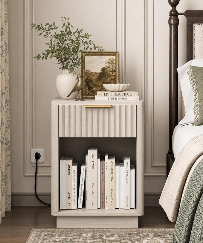 Akxomel Fluted Nightstands Set of 2, Wooden Night Stand with Charging Station and LED Light, Modern Mid Century Bed Side End Table with Drawer, 15" D x 15.7" W x 22.6" H, for Bedroom, White Alder