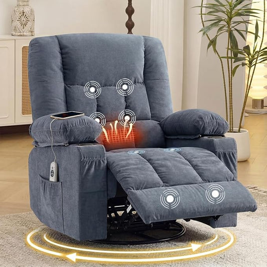 Swivel Rocker Recliner Chair with Vibration Massage and Heat Ergonomic Lounge Chair for Living Room with Rocking Function and Side Pocket, 2 Cup Holders, USB Charge Port