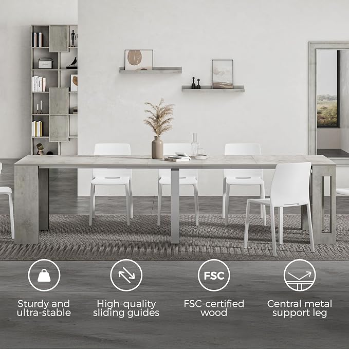 Mobili Fiver, Easy, Extendable Console Table with Extension Leaves Holder, 17.7(120.1) x35.4 in, Concrete Effect, Grey, Made in Italy
