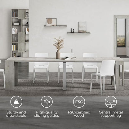 Mobili Fiver, Easy, Extendable Console Table with Extension Leaves Holder, 17.7(120.1) x35.4 in, Concrete Effect, Grey, Made in Italy