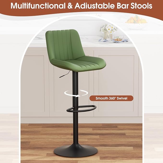 JAMFLY Modern Leather Bar Stools – Swivel & Height-Adjustable Bar Chairs with Footrest, Ergonomic Design for Kitchen Island, Home & Commercial Bar – Set of 4, Green