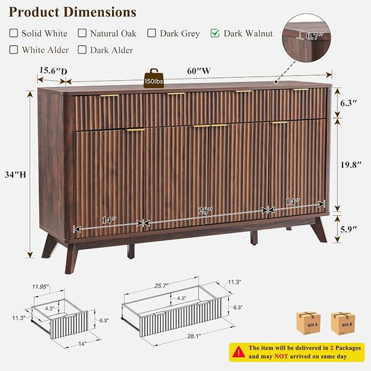 T4TREAM 60 Inch Fluted Buffet Sideboard Cabinet, Dark Walnut | Modern Coffee Bar Storage Cabinet With 3 Drawers & 4 Doors, for Dining Room, Living Room, Hallway, Adjustable shelves