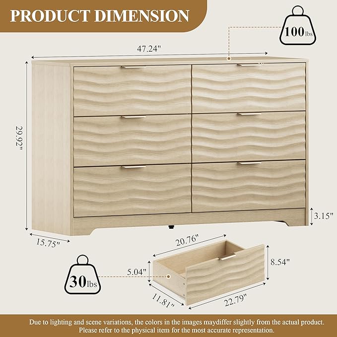 MALOL Coastline Fluted 6 Drawers Dresser for Bedroom, 48" Wide Modern Chest of TV Stand Organizers with Metal Handle, Storage Wooden Dresser Drawer for Living Room, Hallway, Closet, Natural Wood