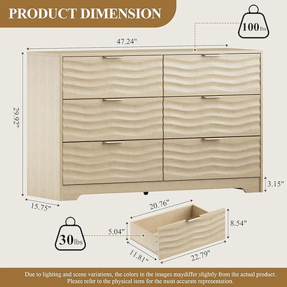 MALOL Coastline Fluted 6 Drawers Dresser for Bedroom, 48" Wide Modern Chest of TV Stand Organizers with Metal Handle, Storage Wooden Dresser Drawer for Living Room, Hallway, Closet, Natural Wood