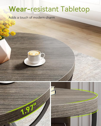 LITTLE TREE Round Coffee Table, 32" Circle Coffee Table for Living Room, 2-Tier Wood Accent Center Table with Open Storage Industrial Design Home Furniture (Grey and Black)