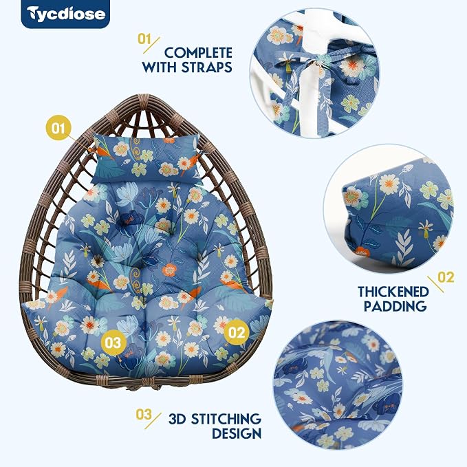 Outdoor Hanging Egg Chair Cushion Replacement, Extra Large Waterproof Egg Swing Cushions with Headrest Pillow and Ties, U-Shaped Thickened Cushion for Hanging Eggs Chair (Blue Floral)