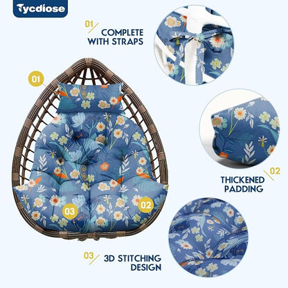 Outdoor Hanging Egg Chair Cushion Replacement, Extra Large Waterproof Egg Swing Cushions with Headrest Pillow and Ties, U-Shaped Thickened Cushion for Hanging Eggs Chair (Blue Floral)