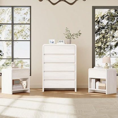AMERLIFE Modern 3-Piece Bedroom Furniture Set with 5-Drawer Dresser and 2 Nightstands, Large Storage Capacity, Rounded Corners, Flexible Combination Design, Anti-Tip Kit Included, White