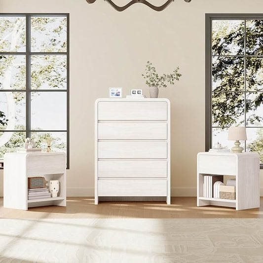 AMERLIFE Modern 3-Piece Bedroom Furniture Set with 5-Drawer Dresser and 2 Nightstands, Large Storage Capacity, Rounded Corners, Flexible Combination Design, Anti-Tip Kit Included, White