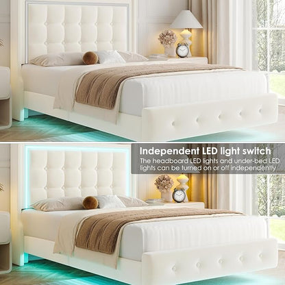 Keyluv Twin Floating Bed Frame with Storage Headboard, LED Lights & Charging Station Platform Bed, Soft Upholstered Velvet, USB/Type-C Ports, Easy Assembly, Beige