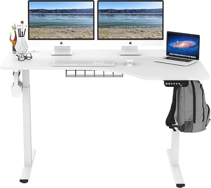 SHW 55-Inch Large Electric Height Adjustable L-Shaped Standing Desk with Right Facing Corner, White