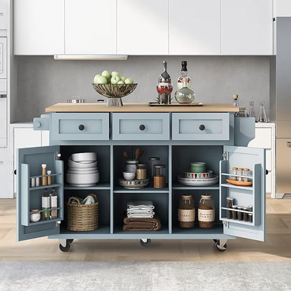 Large Kitchen Island with Rubber Wood Drop Leaf, Rolling Kitchen Cart with Ample Storage on Wheels with Doors and Drawers for Dining Room (Modern Grey Blue, Black Handle, 53Inch)
