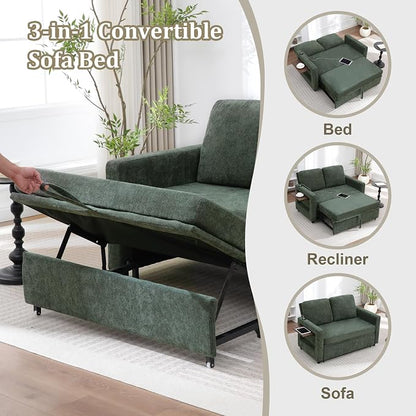 3 in 1 Folding Convertible Sleeper Sofa Bed Pull Out Couch with Side Pockets USB Port Side Table Loveseat Sofa Bed with Adjustable Backrest for Living Room Bedroom 66" DarkGreen 2 SEAT