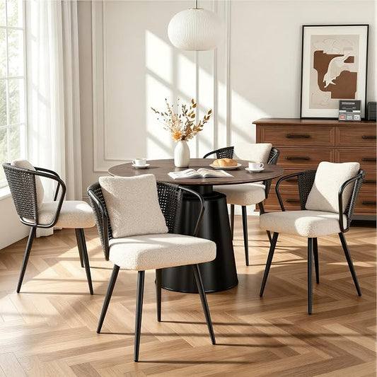 Rattan Dining Chairs Set of 4, Modern Upholstered Kitchen Chair with Metal Legs, Ergonomic Curved Backrest, Mid Century Living Room Chairs with Throw Pillow, Dark Gray
