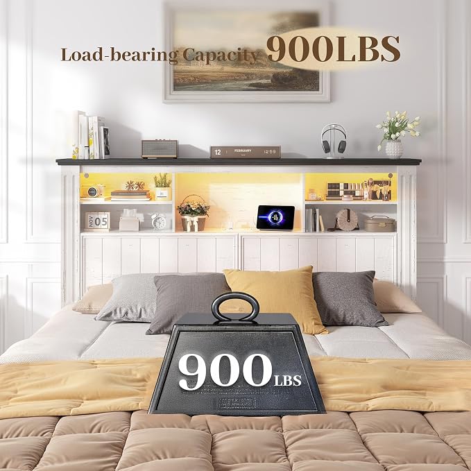 EnHomee Full Size Bed Frame with Storage Headboard and 4 Drawers,Charging Port & LED,No Box Spring Needed for Apartment,Noise,-Free,White with Grain Marks