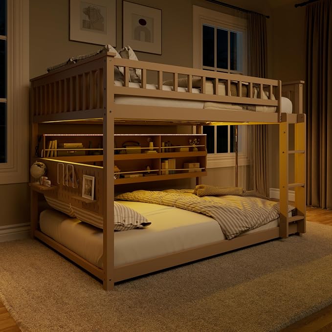 Full Over Full Bunk Bed, Wood Bunk Bed with Integrated Shelving, Color-Changing Lights and Pegboard for Kids Teens Adults, Beige