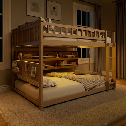 Full Over Full Bunk Bed, Wood Bunk Bed with Integrated Shelving, Color-Changing Lights and Pegboard for Kids Teens Adults, Beige