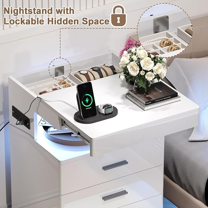 Treocho Led Nightstand with Hidden Space, Modern Night Stand with Charging Station, 3 Drawer Smart Nightstand with Glossy Finish, Tall Bedside Table with RGB Lights for Bedroom, White