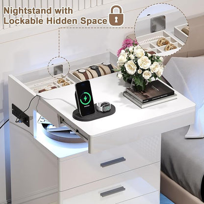 Treocho Led Nightstand with Hidden Space, Modern Night Stand with Charging Station, 3 Drawer Smart Nightstand with Glossy Finish, Tall Bedside Table with RGB Lights for Bedroom, White