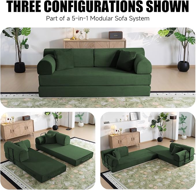78.8" Boneless Memory Foam Couch, Corduroy Convertible Floor Sofa Bed, Fold-Out Sleeper Futon Loveseat, Wide Armrests & Supportive Back, 1200 lb, Couch in a Box, 2 Pillows, Dark Green