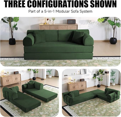 78.8" Boneless Memory Foam Couch, Corduroy Convertible Floor Sofa Bed, Fold-Out Sleeper Futon Loveseat, Wide Armrests & Supportive Back, 1200 lb, Couch in a Box, 2 Pillows, Dark Green