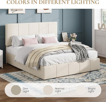 SHA CERLIN Queen Bed Frame, Dutch Velvet Upholstered Platform Bed, Vertical Channel Tufted Adjustable Headboard, Low Profile Bed Frame, No Box Spring Needed, Easy Assembly, Cream
