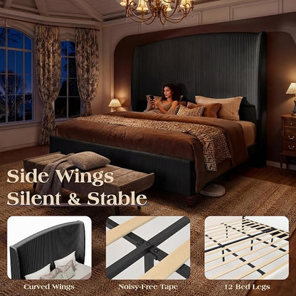 Queen Size 65.7" Tall Headboard Upholstered Bed Frame with Wingback, Soft Washable Corduroy Beds Cover, Solid Wood Legs, Noise-Free, No Box Spring Needed, Black
