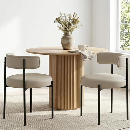 Faux Leather Dining Chairs Set of 2, Upholstered Kitchen and Dining Room Chairs, Mid-Century Modern Dining Chairs with Round Back and Black Metal Legs, Vegan Leather, Beige Grey