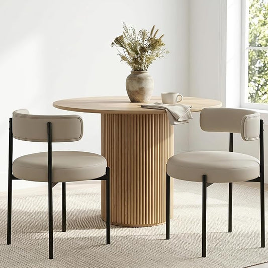 Faux Leather Dining Chairs Set of 2, Upholstered Kitchen and Dining Room Chairs, Mid-Century Modern Dining Chairs with Round Back and Black Metal Legs, Vegan Leather, Beige Grey