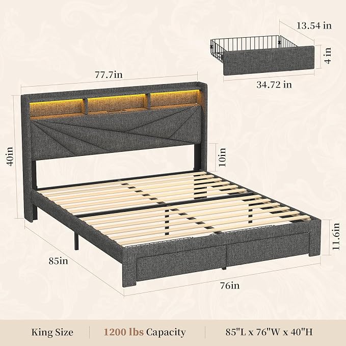 King Size Bed Frame with Storage Headboard, Upholstered King Platform Bed Frame with LED Lights, USB Charging Station & 2 Storage Drawers, No Box Spring Needed, Dark Grey