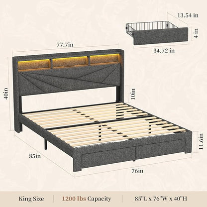 King Size Bed Frame with Storage Headboard, Upholstered King Platform Bed Frame with LED Lights, USB Charging Station & 2 Storage Drawers, No Box Spring Needed, Dark Grey