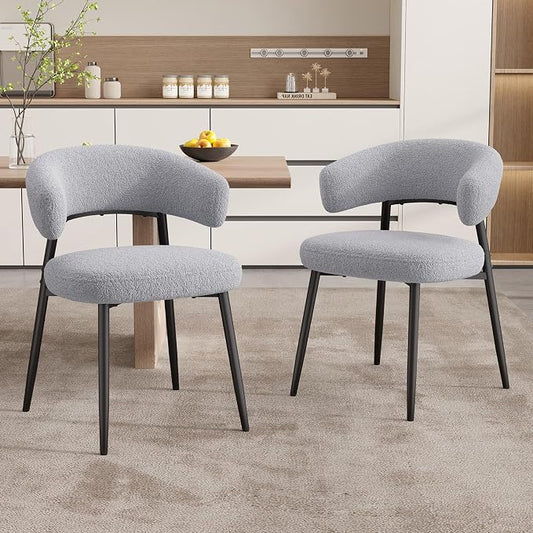 Dining Chairs Set of 2, Mid Century Modern Kitchen Chairs, Boucle Upholstered Dining Chair with Curved Backrest & Metal Legs for Kitchen Dining Room, Grey