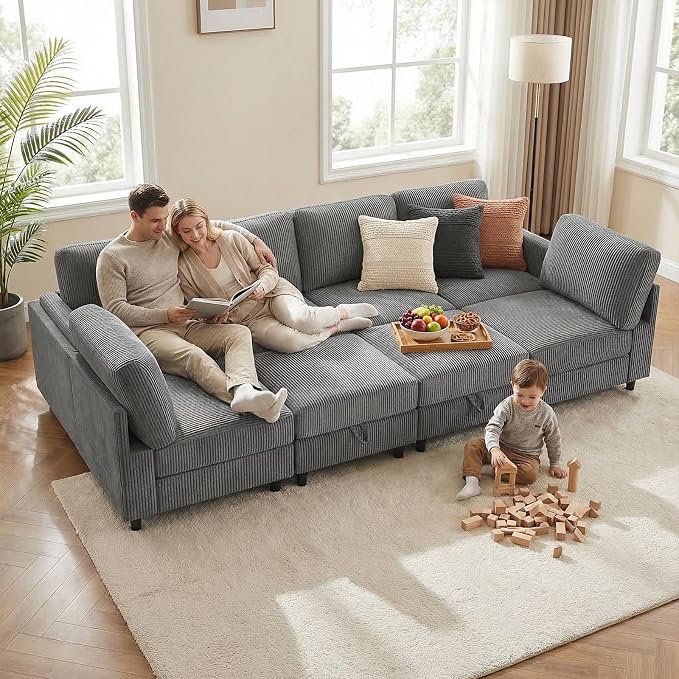 KKL Modular 8 Seater 108 Inch Sofa Bed - 2 * 4 Sectional Sleeper Sofabed with Storage Ottoman, Convertible L/U Shaped Sleeper Couch for Living Room, Modern Reversible Design, Grey