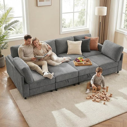 KKL Modular 8 Seater 108 Inch Sofa Bed - 2 * 4 Sectional Sleeper Sofabed with Storage Ottoman, Convertible L/U Shaped Sleeper Couch for Living Room, Modern Reversible Design, Grey