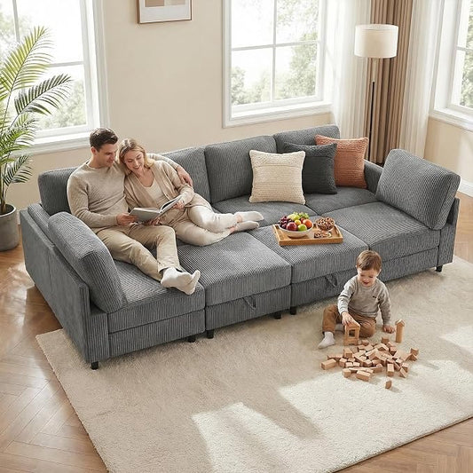 KKL Modular 8 Seater 108 Inch Sofa Bed - 2 * 4 Sectional Sleeper Sofabed with Storage Ottoman, Convertible L/U Shaped Sleeper Couch for Living Room, Modern Reversible Design, Grey